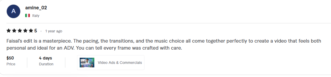amine_02, Italy, 5 stars: Faisal’s edit is a masterpiece. The pacing, the transitions, and the music choice all come together perfectly to create a video that feels both personal and ideal for an ADV. You can tell every frame was crafted with care.