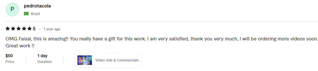 pedrotacola, Brazil, 5 stars: OMG Faisal, this is amazing!! You really have a gift for this work. I am very satisfied, thank you very much, I will be ordering more videos soon. Great work !!